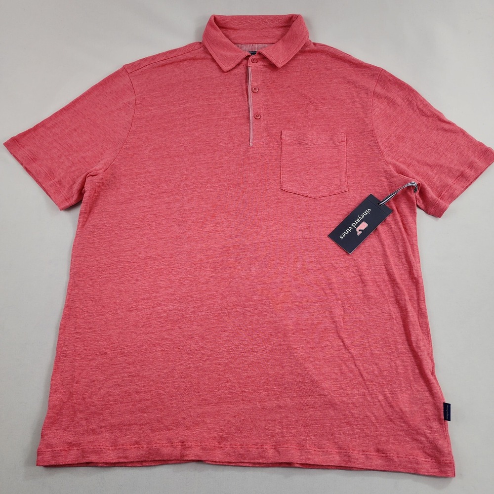 Vineyard Vines Mens Linen Polo Shirt M Medium Pink Spritz Orange Pocket 1G012801